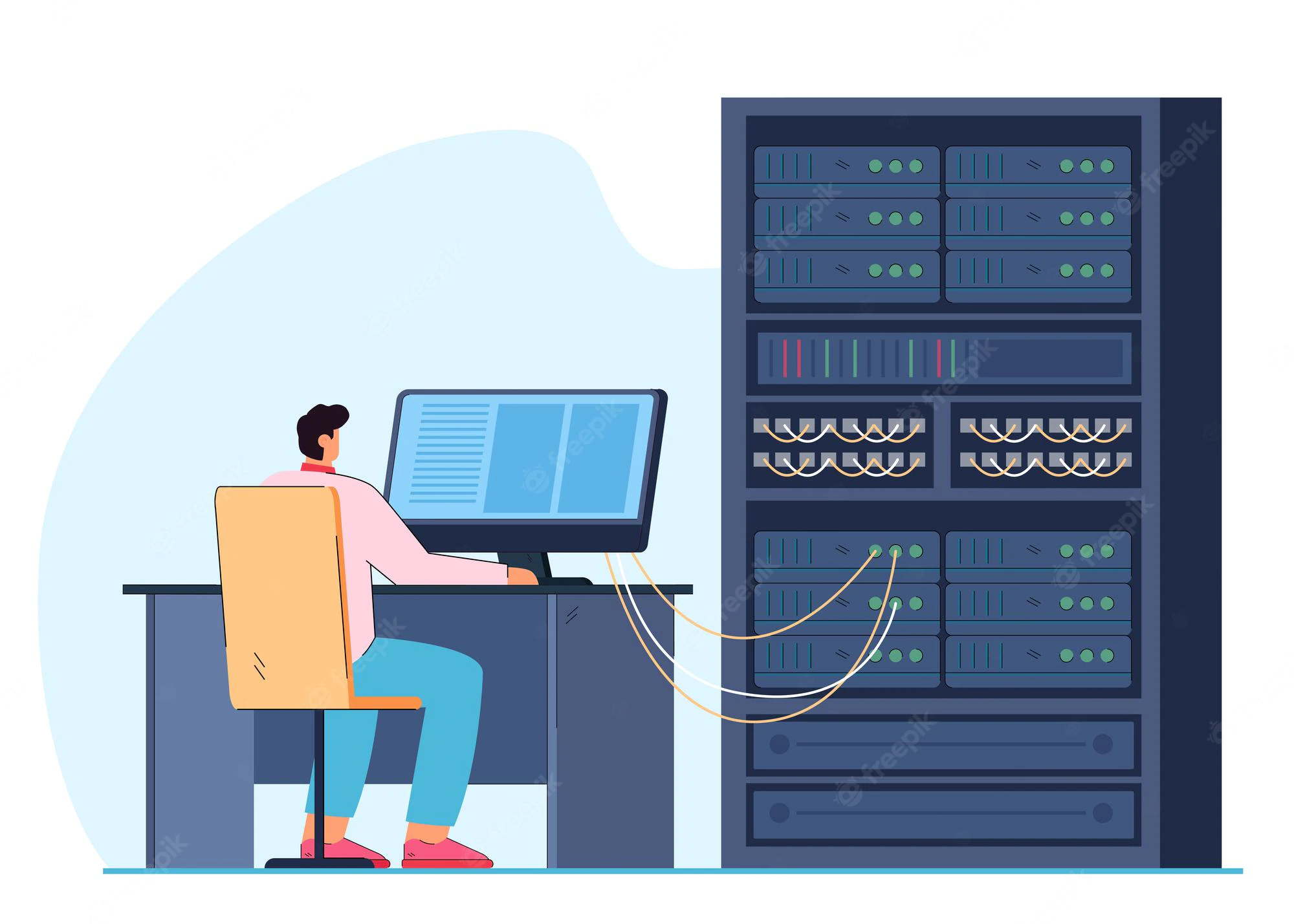 man-engineer-working-computer-server-rack-switchboard-guy-switching-panel-cabinet-with-plugged-ethernet-optical-cables-telecommunications-engineering-concept-flat-illustration_74855-20639